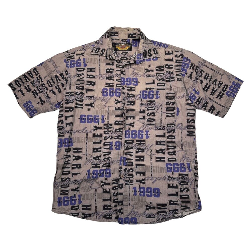 Harley Davidson Y2K AOP Logo Spellout Button Up Short Sleeve Shirt FLAW Medium